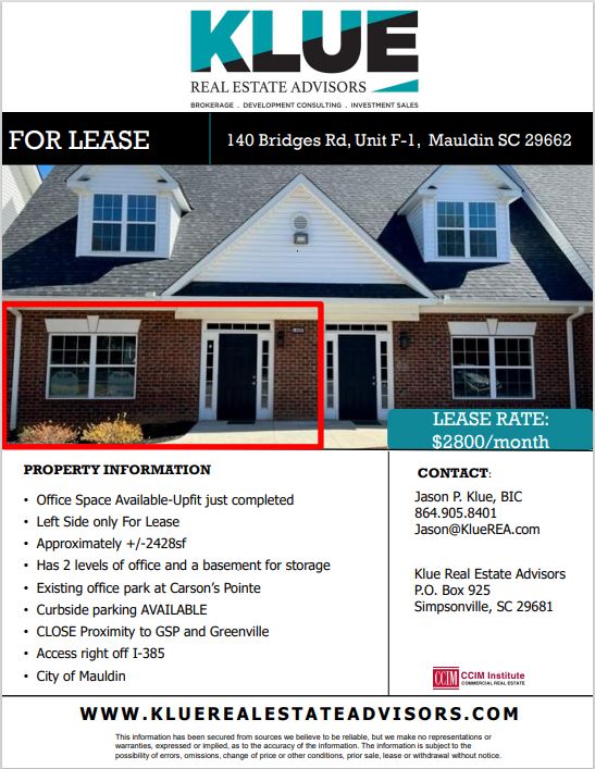 FOR LEASE-140 Bridges Rd, Unit F-1, Mauldin