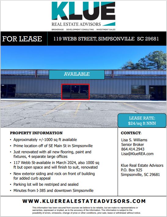 FOR LEASE-119 Webb Street, Simpsonville